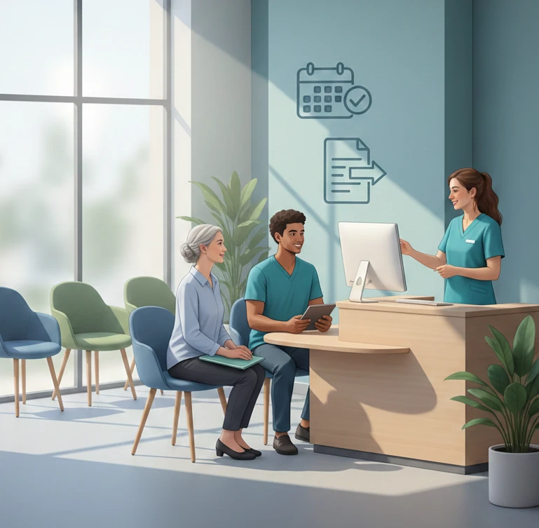 Operatrice che gestisce prenotazioni sanitarie al computer