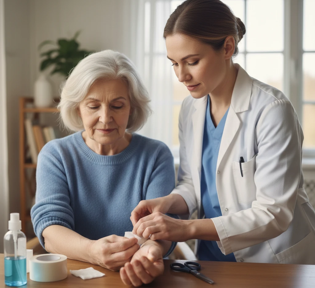 Operatrice che effettua una medicazione semplice