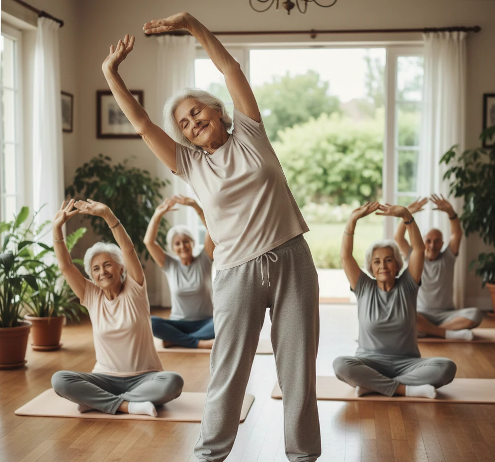 Fisioterapista che mobilizza delicatamente il ginocchio di un’anziana