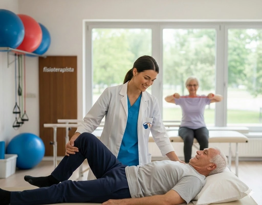 Anziano che fa esercizi con operatrice